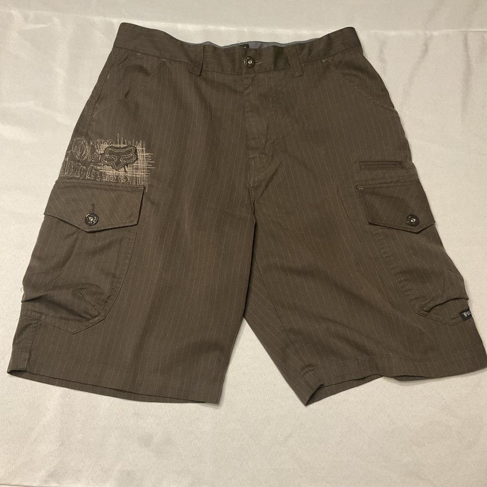 FOX Racing Cargo Shorts Mens Size 33 Brown Striped Embroidered Skateboarding Y2K